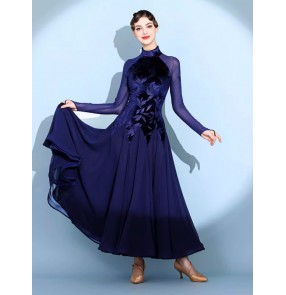 Women wine navy leaves ballroom dance dresses waltz tango foxtort velvet moving rhythm dancing swing skirt gown for female